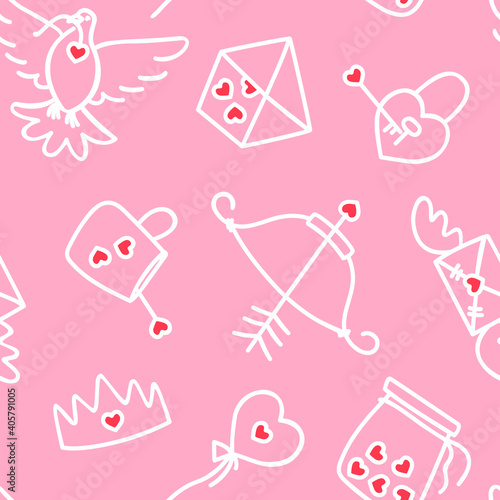 White doodles seamless pattern on pink background. Valentine's Day. Pattern with symbols of love with hearts, dove, love notes, lock from the heart. Flat vector illustration.