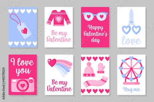 Set of pink, white and blue colored cards for Valentine's Day or wedding. Vector flat design isolated on gray background