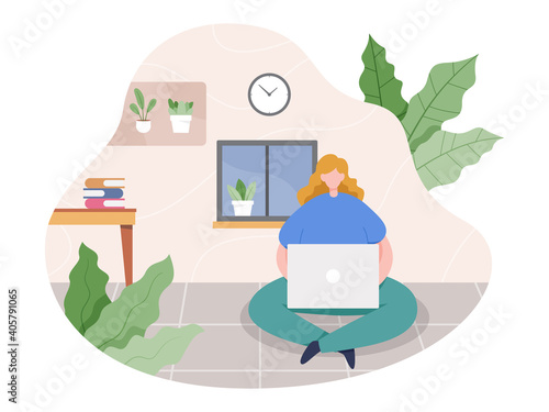 Vector illustration Work from home concept. Young woman working from home during coronavirus pandemic. Freelance working concept, People work remotely from home. Vector illustration in a flat style