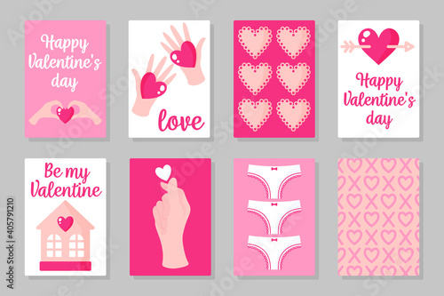 Set of pink, white and red colored cards for Valentine's Day or wedding. Vector flat design isolated on gray background