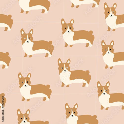 Cute corgi puppy on a pastel background. Brown corgi dog. Dog seamless pattern. © Елена Радькова