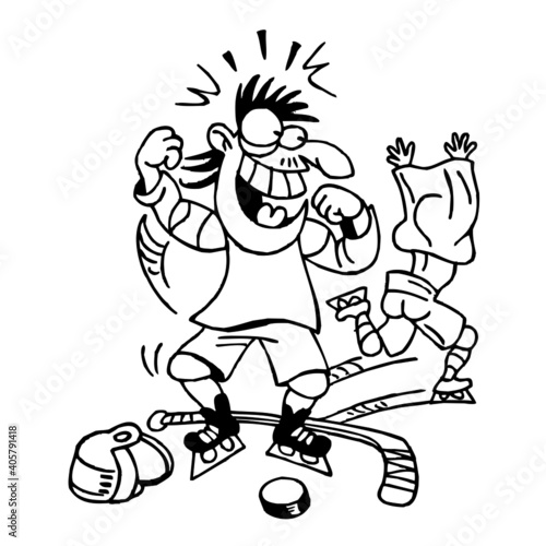 Hockey fighter celebrating victory and loser running away with jersey over his head, winter sport, black and white cartoon