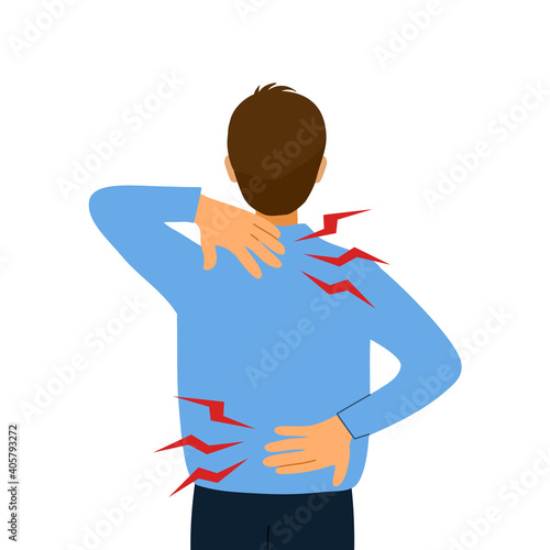 Office syndrome concept vector illustration. Young businessman has neck pain and back pain symptom. Bone or muscle problem. Health disease.