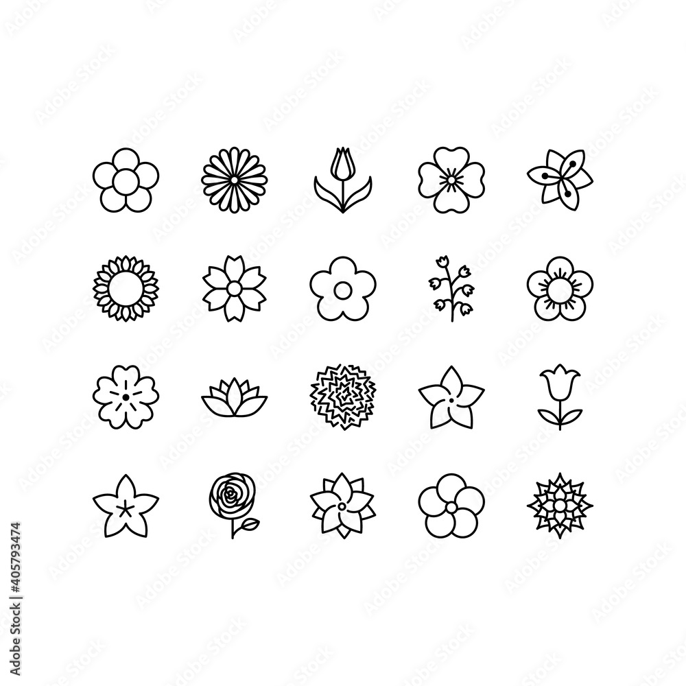 Flowers line icon set. Beautiful garden plants - tulip, chamomile, sunflower, rose, carnation. Icons isolated on white background, for the website and app. Editable Strokes Flowers line icon set. Beautiful garden plants - tulip, chamomile, sunflower, rose, carnation. Icons isolated on white background, for the website and app. Editable Strokes
