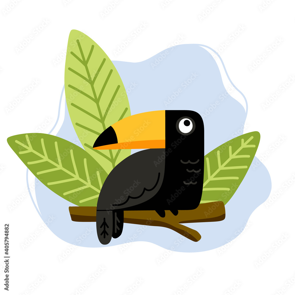 Fototapeta premium Toucan flat illustration. Bright hand drawn clipart. Tropical bird with big green leaves, branch, blue abstract background. Cartoon poster, print. Isolated vector