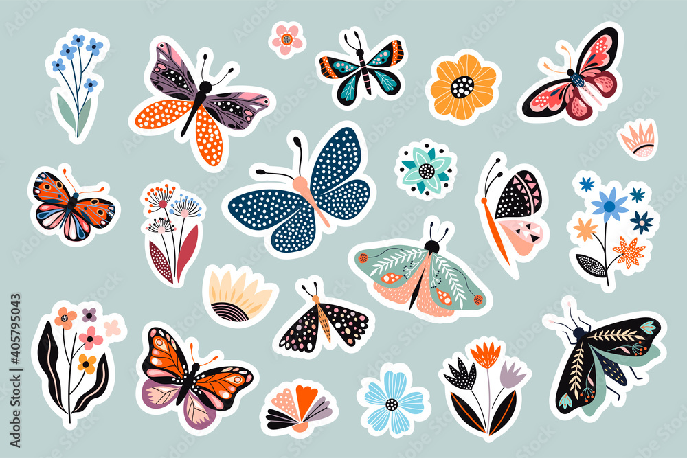 Moths, butterflies and flowers stickers collection, abstract decorative design - obrazy, fototapety, plakaty 