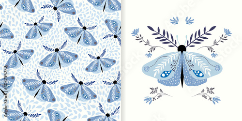 Bohemian collection with blue moths and flowers, seamless pattern and greeting card