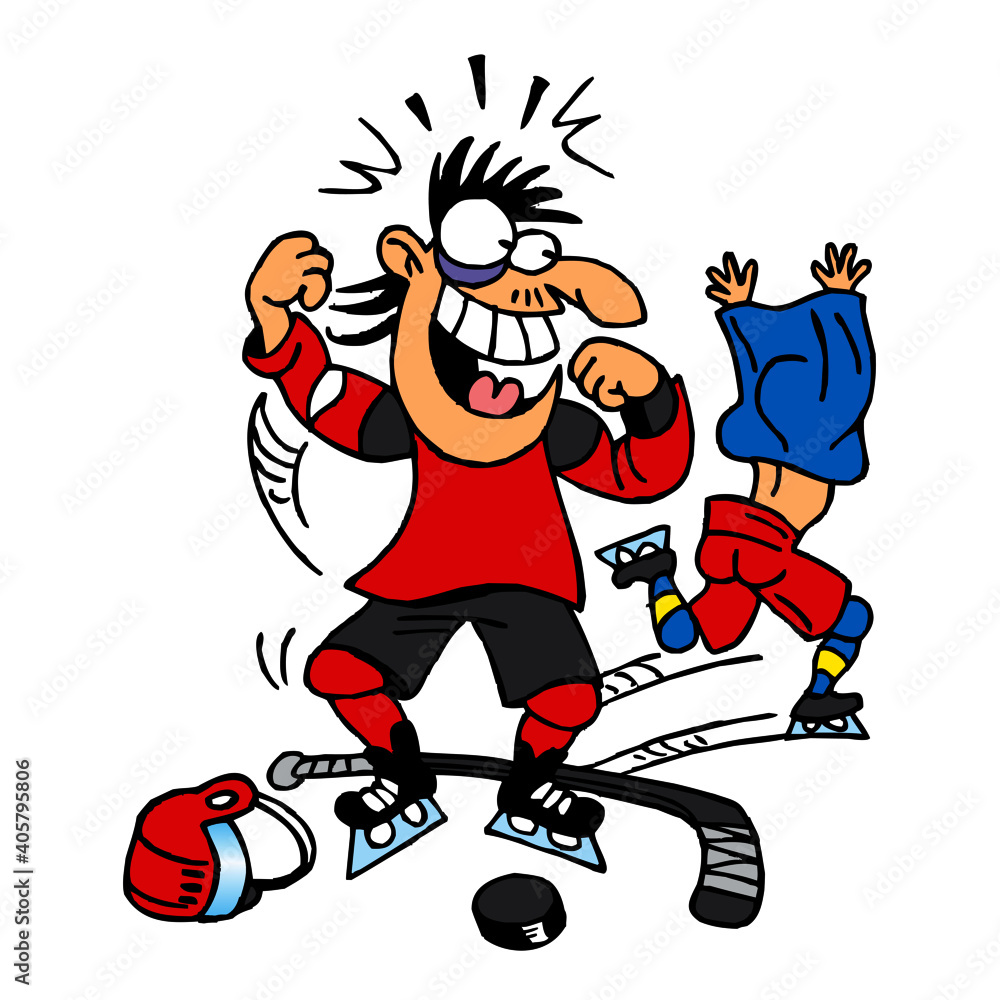 Hockey fighter celebrating victory and loser running away with jersey over his head, winter sport, color cartoon