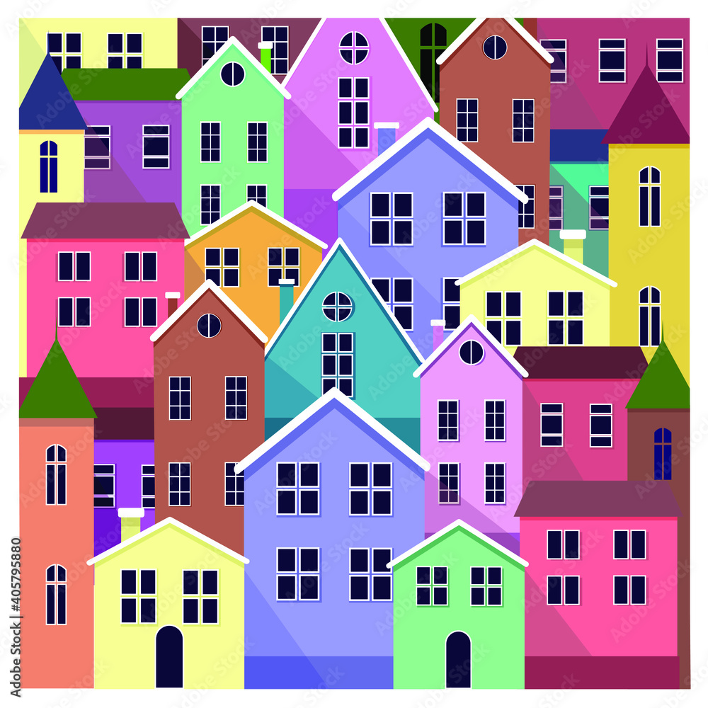 Vector illustration of bright colorful houses. Fabulous doll houses.Postcard. Flat.