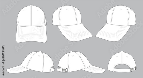 Blank white baseball cap with adjustable metal buckle strap closure template on gray background, vector file.