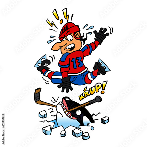 Hockey player attacked by killer whale jumps in the air to save himself and the fish breaks his hockey stick, winter sport, color cartoon