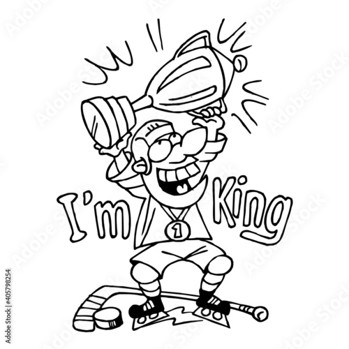 Hockey player holding golden cup over head and celebrating victory, screaming I'm the King, winter sports, black and white cartoon