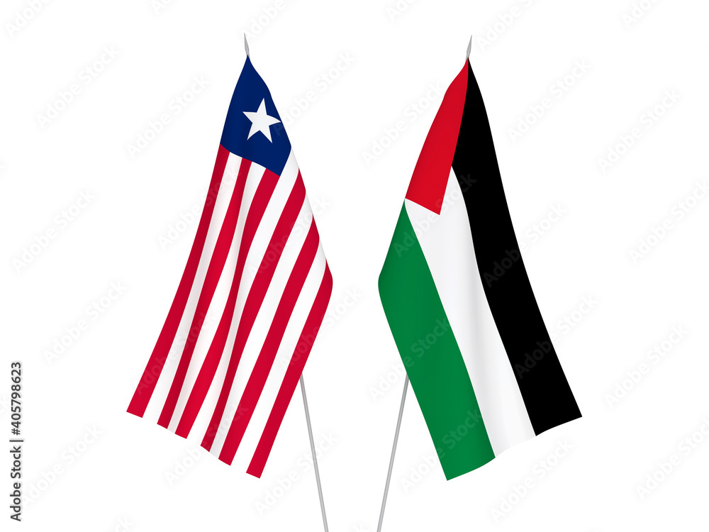 National fabric flags of Palestine and Liberia isolated on white background. 3d rendering illustration.