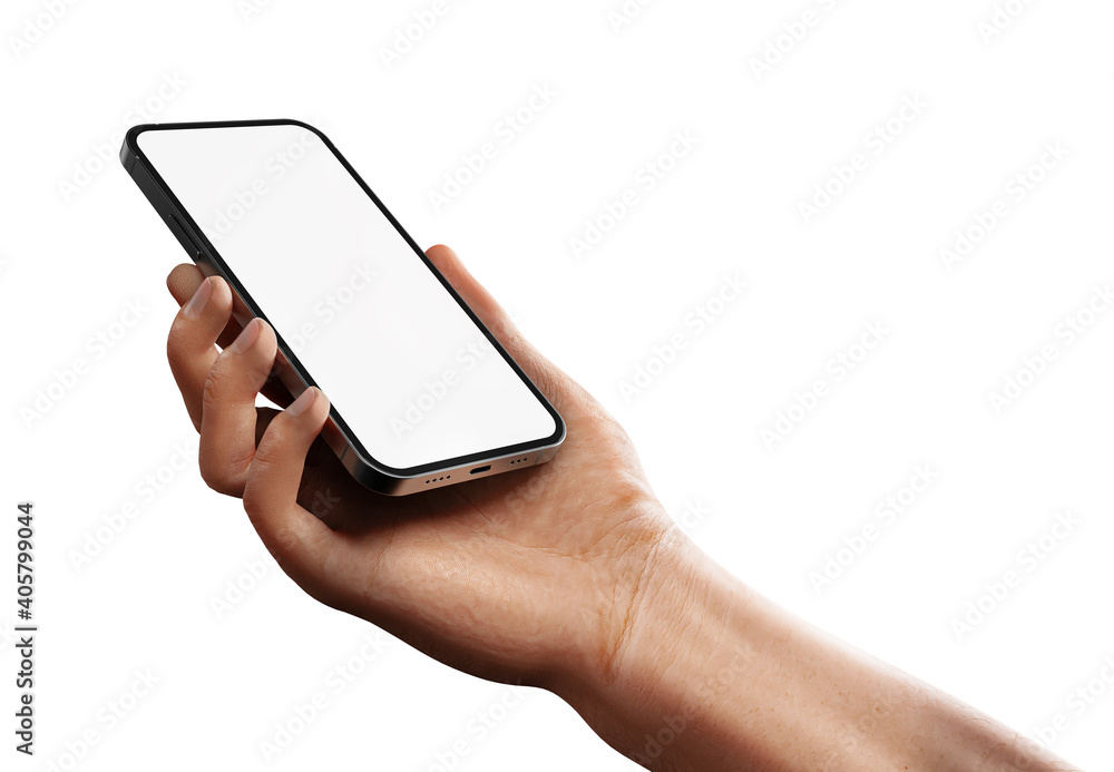 Man hand holding the black smartphone with blank screen and modern frameless design - isolated on white background, all in focus Man hand holding the black smartphone with blank screen and modern frameless design - isolated on white background, all in focus