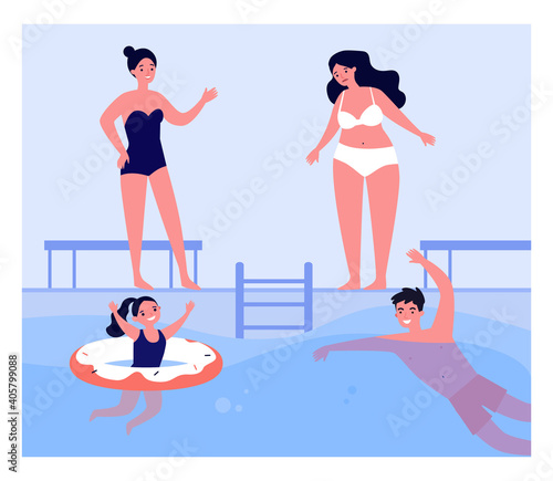 Sad fat girl and her slim friend at swimming pool. Swimwear, bathing, water. Flat vector illustration. Resort, summer activity, overweight problem concept for banner, website design or landing