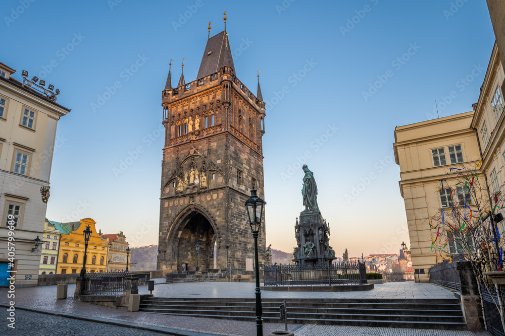 Old Town Bridge Tower of the Charles Bridge with no people, nobody - Krizovnicke square one of the most beautiful Gothic constructions in world. It was designed by Peter Parler Prague, Czech