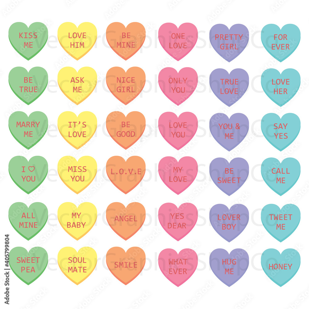 Sweet heart candy. Conversation sweets for valentines day set. Vector collection of love.