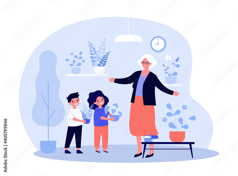 Kids giving houseplants to grandma. Children with potted plants visiting grandparents. Flat vector illustration. Home decoration, family concept for banner, website design or landing web page