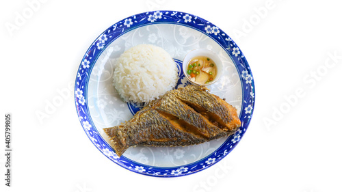 Deep fried Tilapia fish served with jasmine rice and Thai chili fish sauce (Phrik Nam Pla).