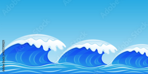 Illustration with blue water waves against the sky.