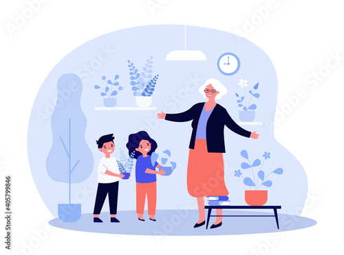 Kids giving houseplants to grandma. Children with potted plants visiting grandparents. Flat vector illustration. Home decoration, family concept for banner, website design or landing web page