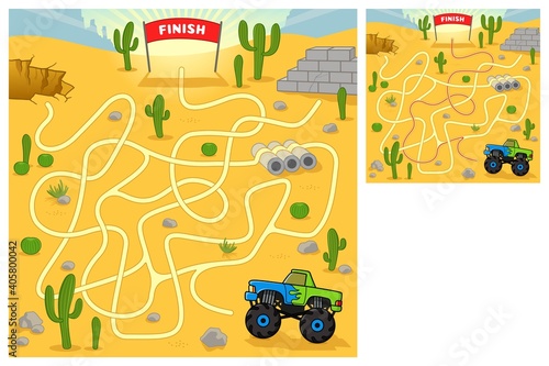 Maze for kids. Help the monster truck find the right way to the finish line. Suv in the desert. Vector cartoon illustration. Education game for children. 
