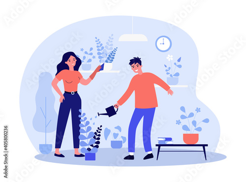 Couple taking care about houseplants. Watering potted plant, dusting, doing housework. Flat vector illustration. Florist shop, greenhouse concept for banner, website design or landing web page