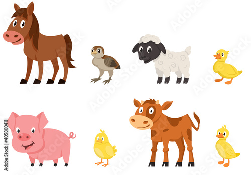 Set of young animals side view. Farm animals in cartoon style.