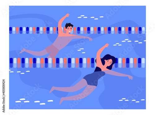Couple swimming in pool. Competition, lanes, people in swimwear. Flat vector illustration. Sport activity, active lifestyle concept for banner, website design or landing web page