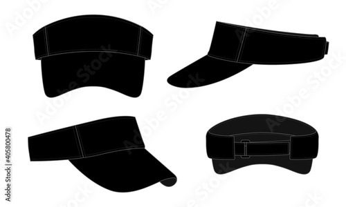 Blank black sun visor cap with an adjustable ring and hook-loop strap back template on white background, vector file.