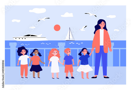 Diverse group of kids and teacher walking on promenade at sea. Schoolchildren, childhood, seaside. Flat vector illustration. Leisure at sea concept for banner, website design or landing web page