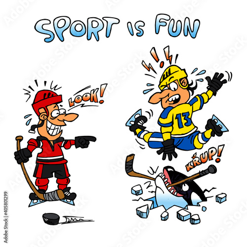 Hockey player is attacked by a Killer Whale and his opponent laughs  sport is fun  color cartoon