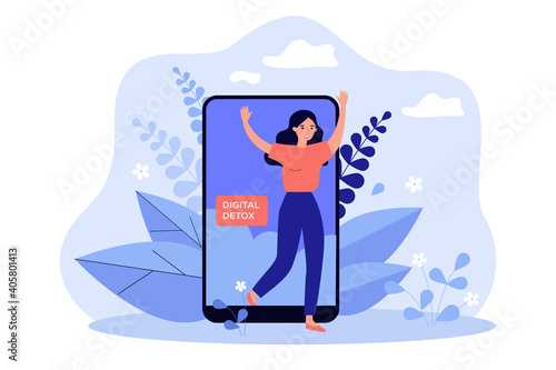 Happy woman stepping out of mobile phone screen flat vector illustration. Cartoon young person limiting internet access to herself. Digital detox and modern lifestyle concept