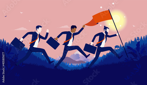 Intense teamwork - Business team running outdoors, metaphor for efficient work and company progress. Vector illustration.
