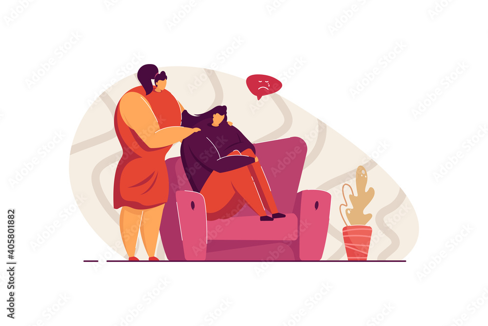Obraz premium Friend giving support and comfort to depressed crying person, touching shoulders, helping to go through stress and anxiety. Vector illustration for empathy, friendship, compassion concept