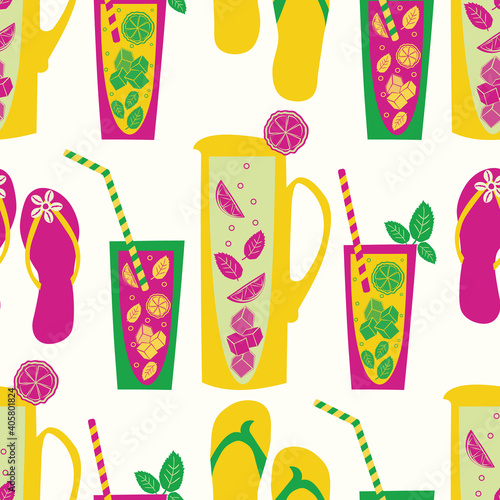 Fun lemonade pitcher, glass, flip flop vector seamless pattern background. Tropical color backdrop with jugs, drinks glasses, citrus fruit, mint leaves, women, and men sandals. Repeat for beach party.