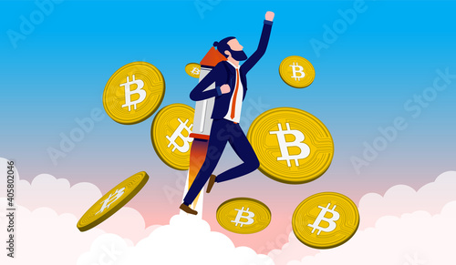 Bitcoin skyrocketing - Man with jetpack flying upwards with bitcoins in the sky. Crypto currency price and value increase concept. Vector illustration