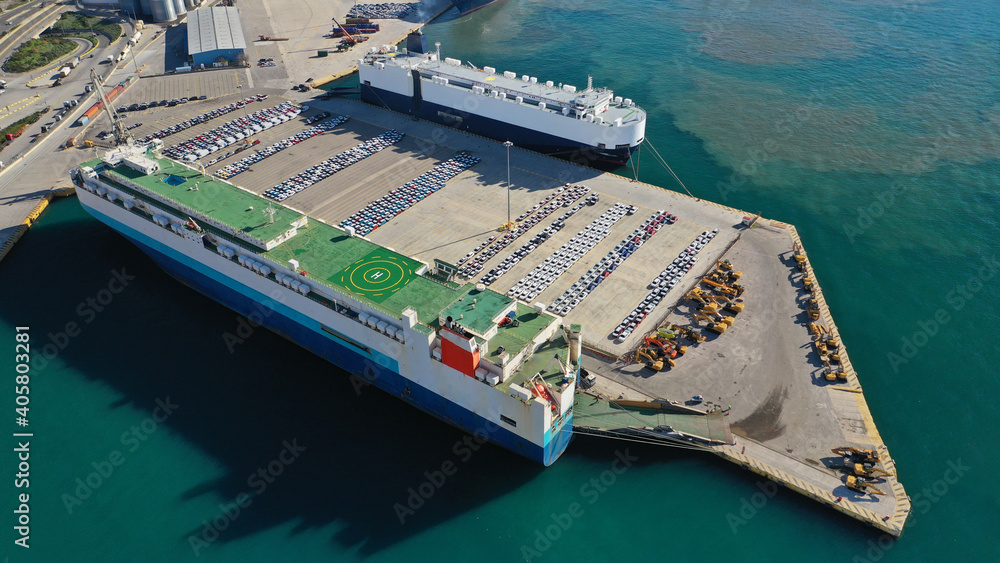 Aerial drone photo of international car terminal and Ro Ro boat ancghorage in Keratsini area, Piraeus, Attica, Greece