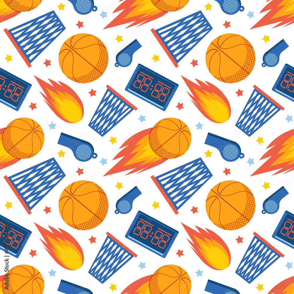 Seamless pattern of sports items on a white background. Basketball. Sports team game. Background of ball, basket, whistle and scoreboard. Colorful vector flat illustration