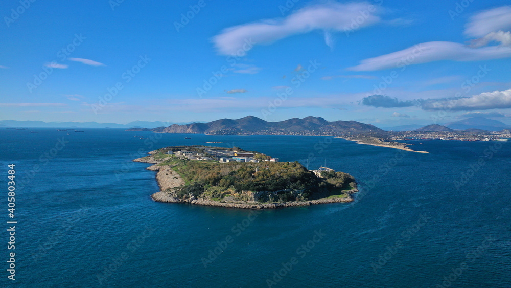 Aerial drone photo of Attica's latest technology sewage plant small island of Psitaleia, Perama, Greece Aerial drone photo of Attica's latest technology sewage plant small island of Psitaleia, Perama, Greece