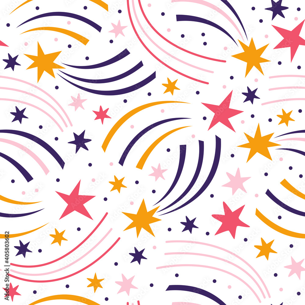 Seamless pattern meteor or shooting star. Cosmos background with space elements, stars, comets, meteorites, starry sky. Hand drawn vector backdrop outer space.