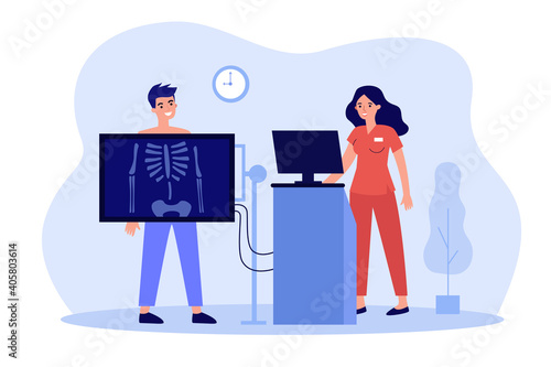 Medical doctor taking xray for patient isolated flat vector illustration. Cartoon bones examination in clinic or hospital. Radiology and skeleton diagnostics concept