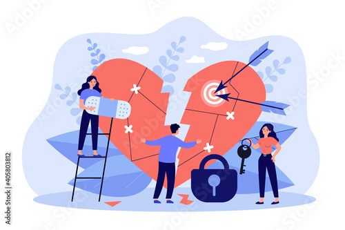 Tiny people curing broken heart flat vector illustration. Cartoon vulnerable and sensitive person fixing fragile heart. Emotion, love and relationship failure concept