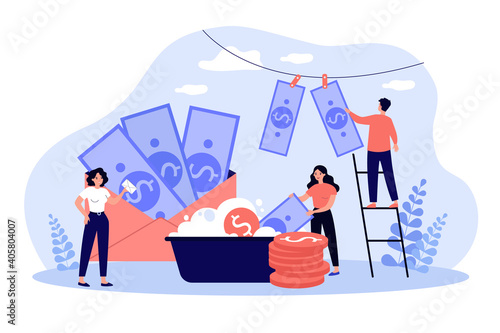 Tiny criminals laundering money and getting bribe in envelope isolated flat vector illustration. Government employees doing fraud activity. Corruption and finance economical crime concept