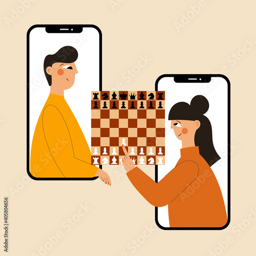 Two people plays chess online. Man and woman competing in chess from their smartphones. Distant leisure activity concept vector illustration. Chess tournament at online chess club.