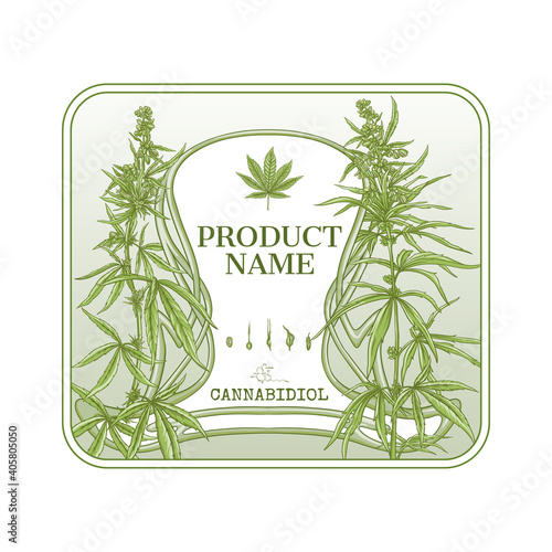Cannabis Template for product label, cosmetic packaging. Easy to edit. In art nouveau style, vintage, old, retro style. Isolated on white background..