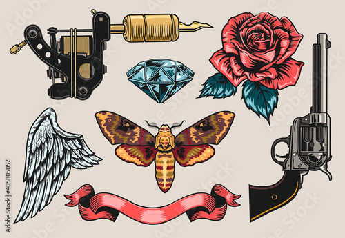 Retro tattoo line art set. Vintage gun, rose, revolver, ribbon, diamond clipart vector illustration collection. Tattoo studio and design elements concept
