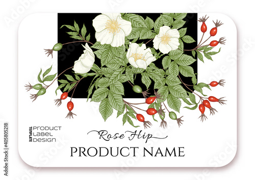 Rose hips with flowers and berries. Template for product label, cosmetic packaging. Easy to edit. Graphic drawing, engraving style. Vector illustration.