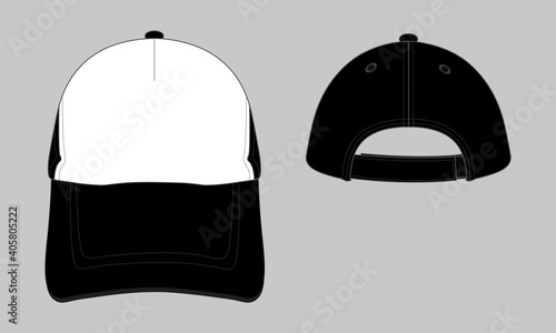 White-Black Trucker Cap with Adjustable Hook and Loop Strap Design on Gray Background, Vector File.