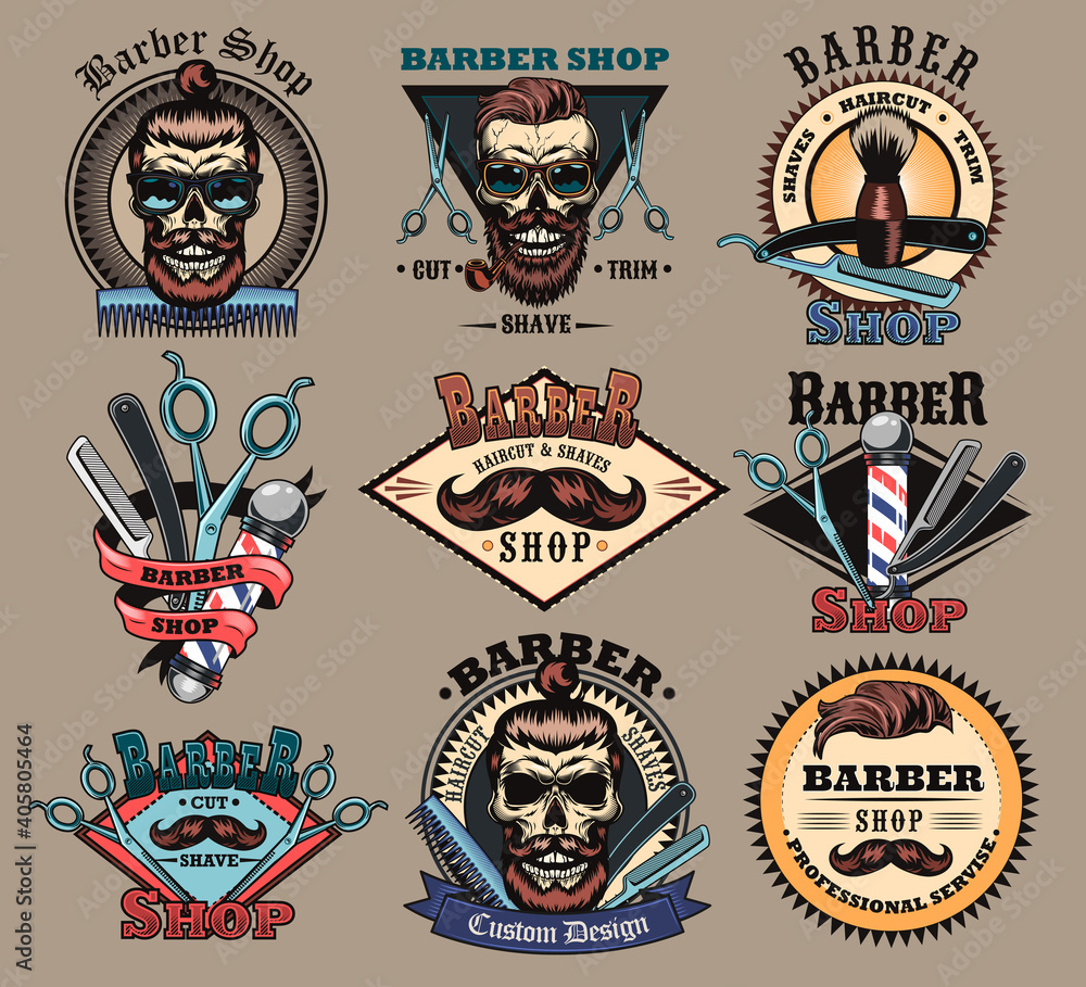 Naklejka premium Barbershop labels set. Barber emblem with skulls with beard and trendy male haircut, scissors, brush, text samples. Vector illustrations collection for hairdresser, barber equipment concept